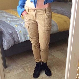 Skinny tan cargo pants with utility pockets